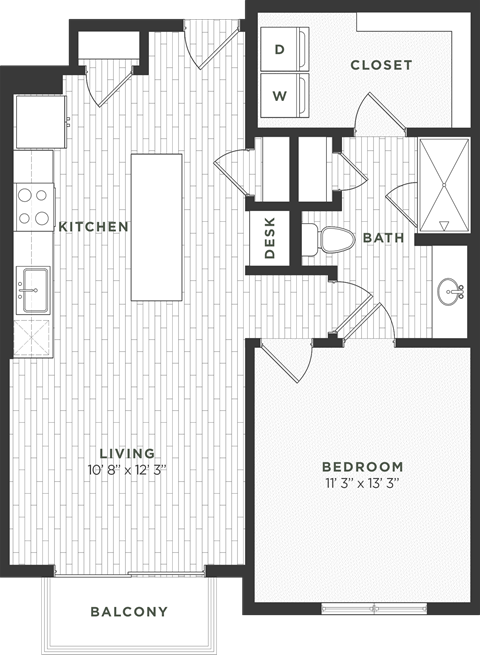 Floor plan for 1 bed, 1 bath, 766 sqft